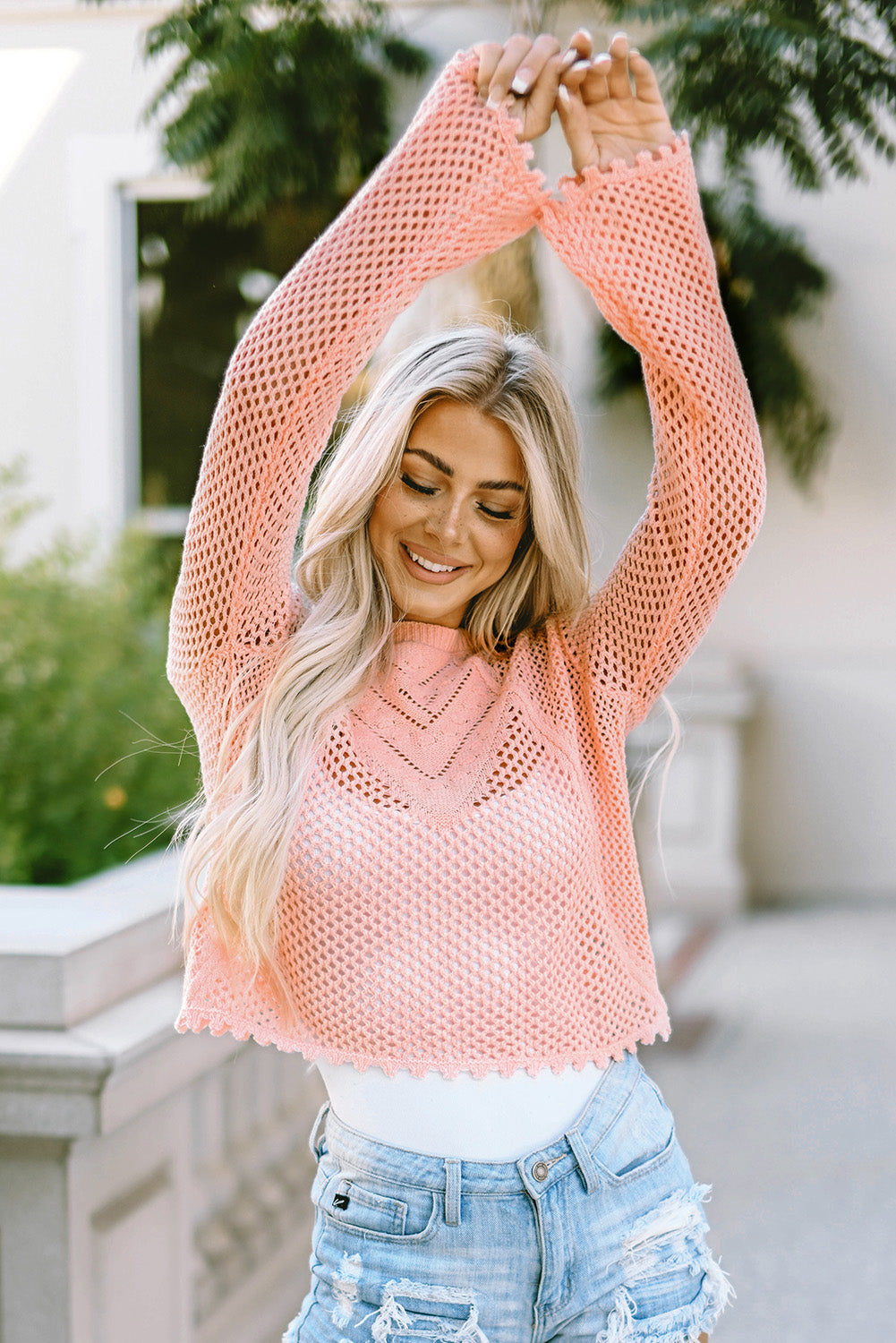 Coral Openwork Knit Top