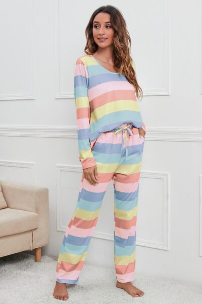 Striped Top & Drawstring Pants Lounge Set