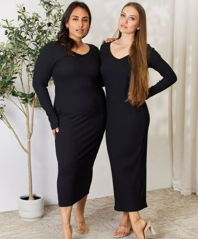 Ribbed Long Sleeve Midi Slit Dress