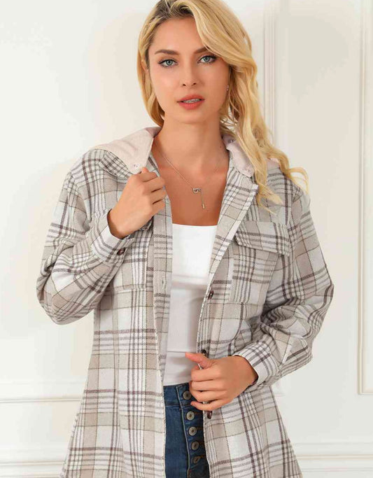 Sandy Plaid Button Hooded Jacket