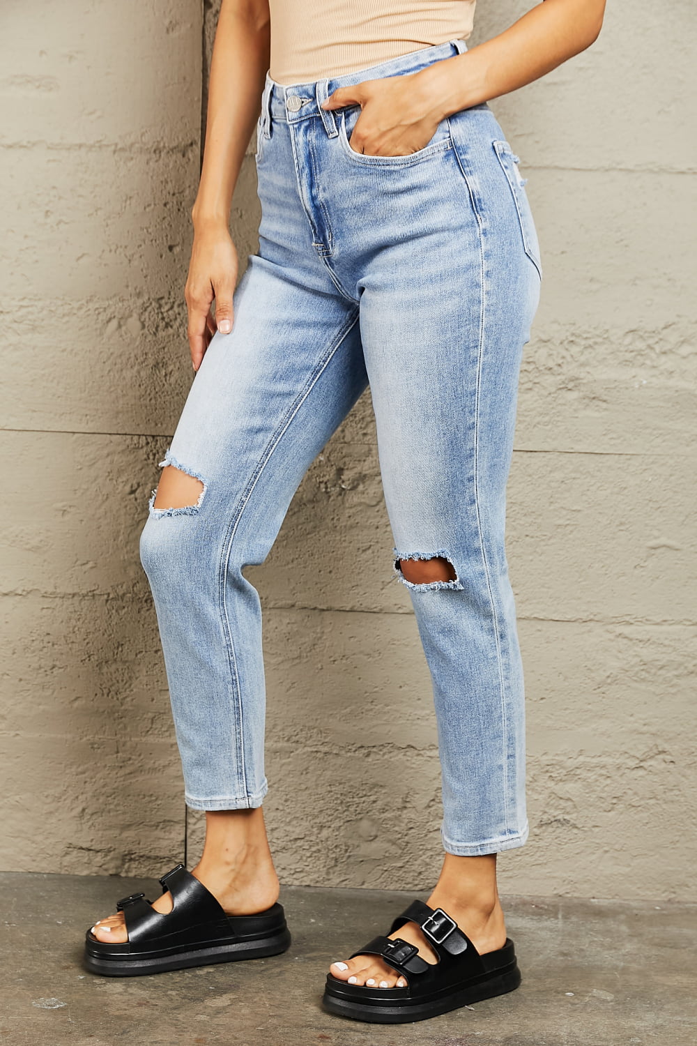 On the Horizon High Waisted Distressed Slim Cropped Jeans | Bayeas