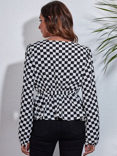 Checkered Balloon Sleeve Peplum Blouse