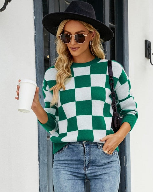 Emerald Hues Checkered Sweater