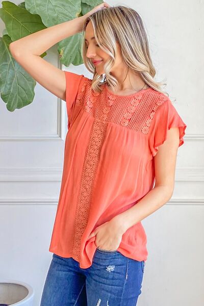 Lace Ruffle Short Sleeve Blouse