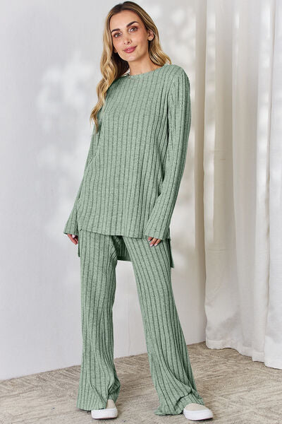 Quin Ribbed High-Low Top & Wide Leg Pants Set