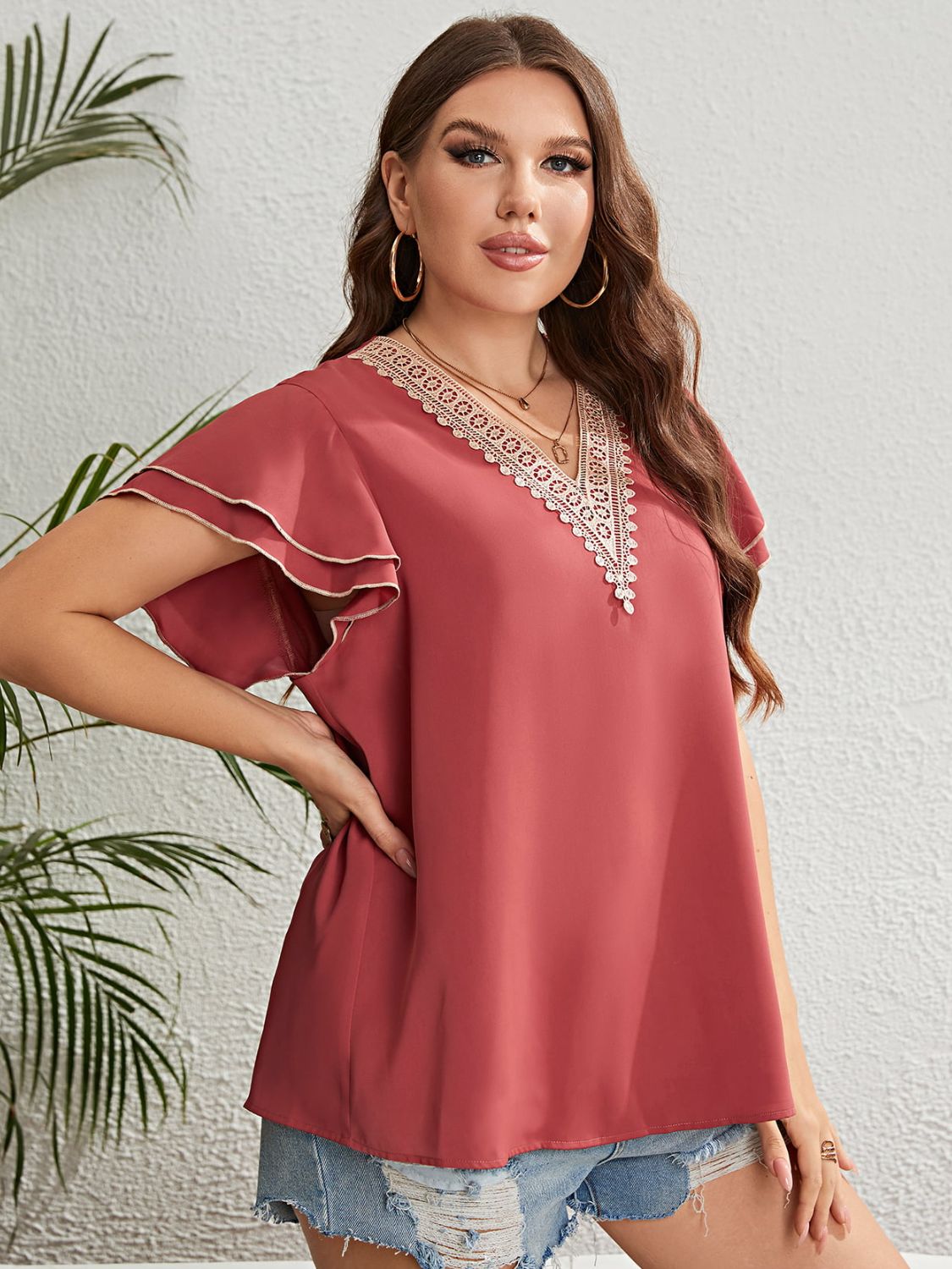 Lacey V-Neck Layered Flutter Sleeve Blouse | Curvy