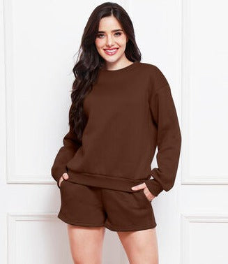 Relaxed Long Sleeve Sweatshirt & Drawstring Shorts Set