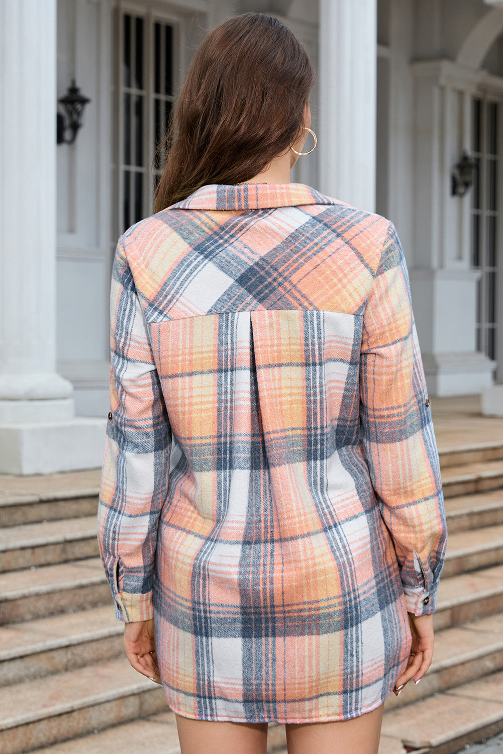 Apricot Plaid Pocketed Button Shirt