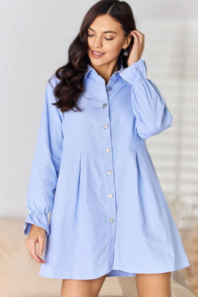 All Out Button Up Collared Denim Dress
