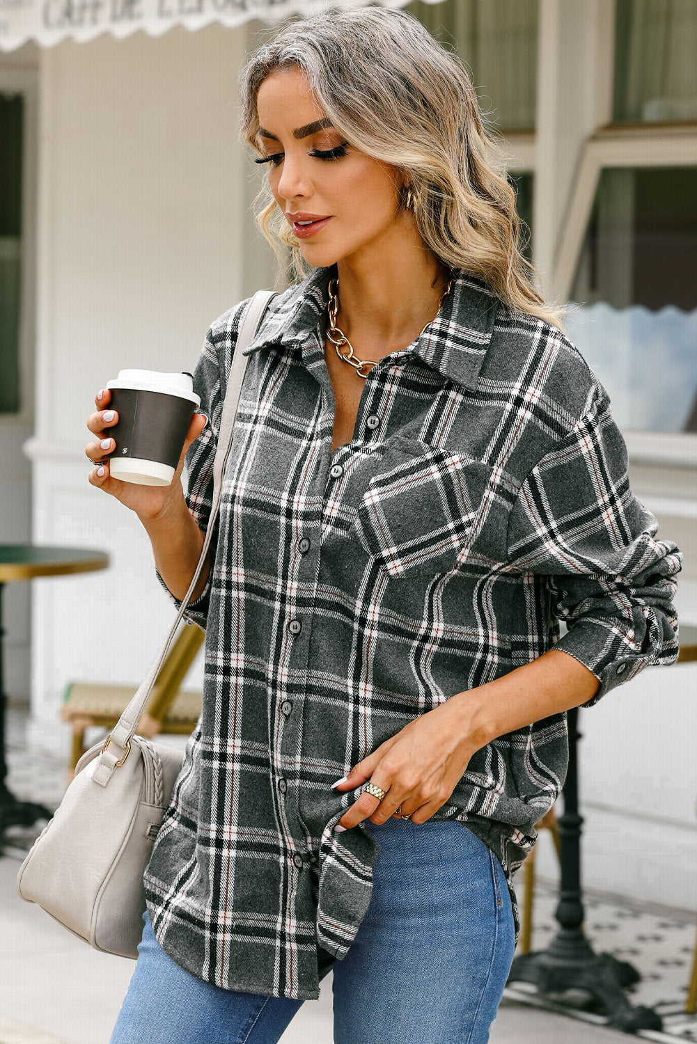 Charcoal Lights Plaid Buttoned Top