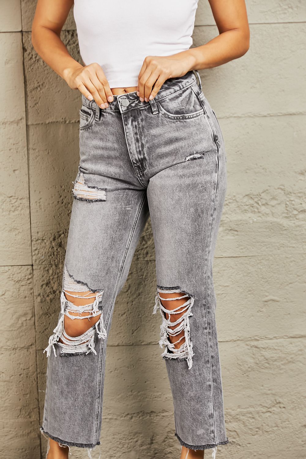 Ember Acid Wash Distressed Cropped Straight Jeans | Bayeas