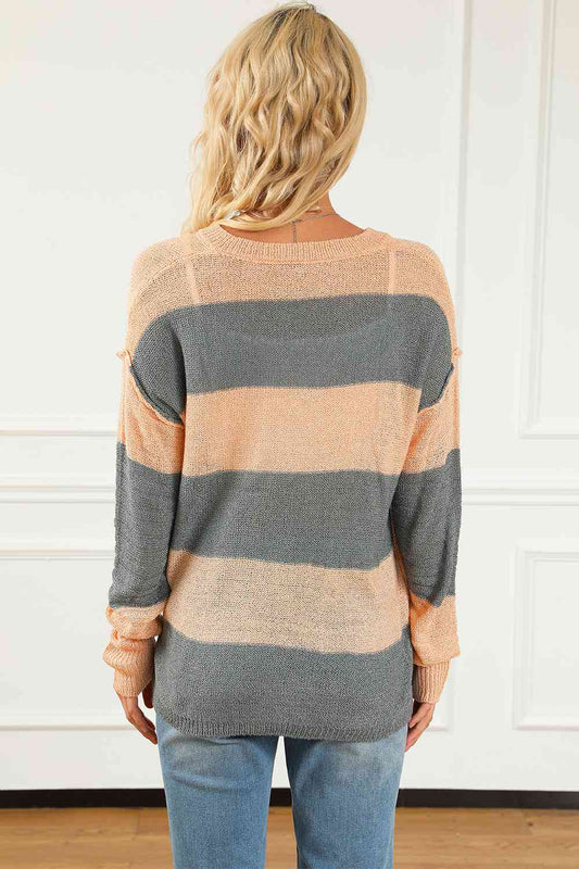 Camel Striped Buttoned Sweater