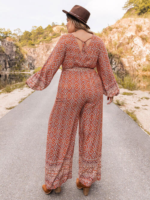 Floral Tie Front Balloon Sleeve Jumpsuit | Curvy