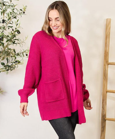 Berry Waffle-Knit Open Front Cardigan