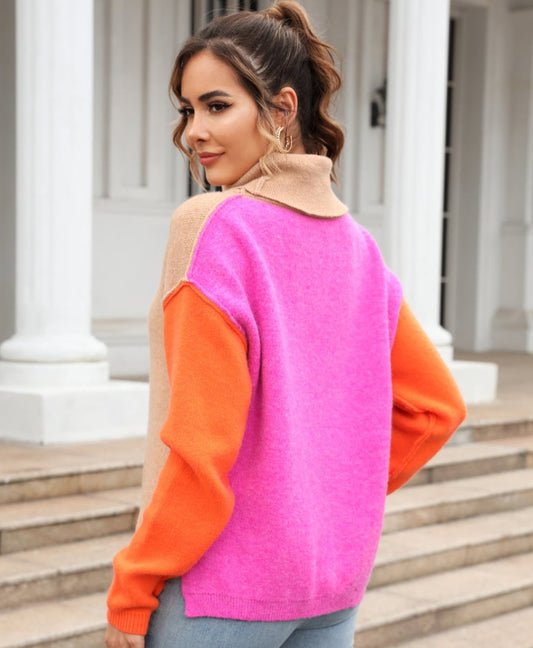 Color Block Turtleneck Slit Sweater