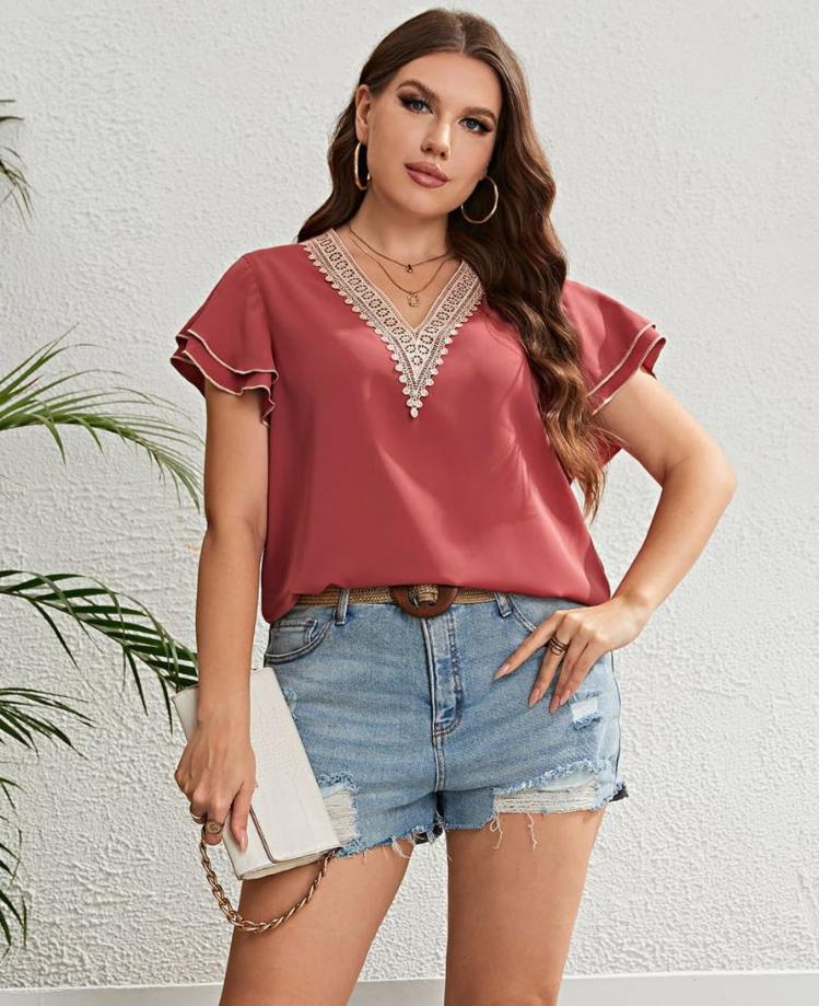 Lacey V-Neck Layered Flutter Sleeve Blouse | Curvy