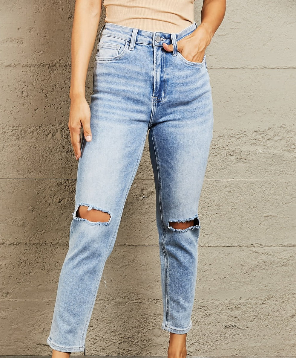On the Horizon High Waisted Distressed Slim Cropped Jeans | Bayeas