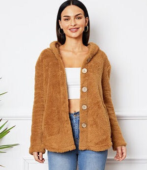 Fuzzy Button Up Hooded Jacket