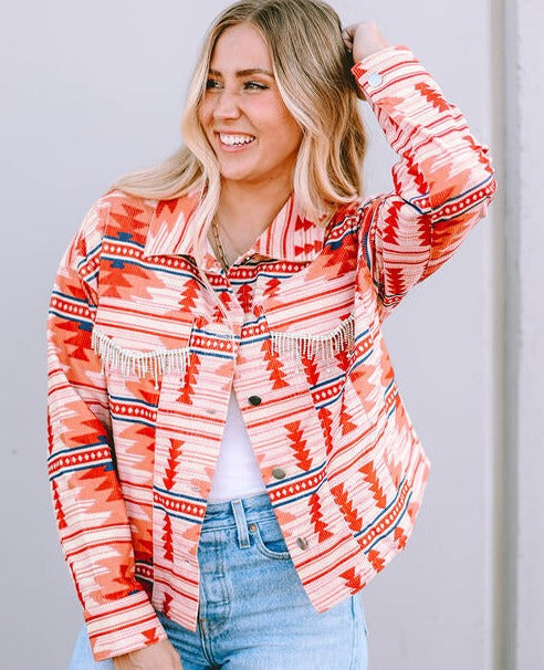 Strawberry Geometric Button Jacket