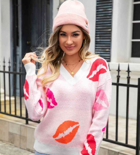 Lips Galore V-Neck Sweater