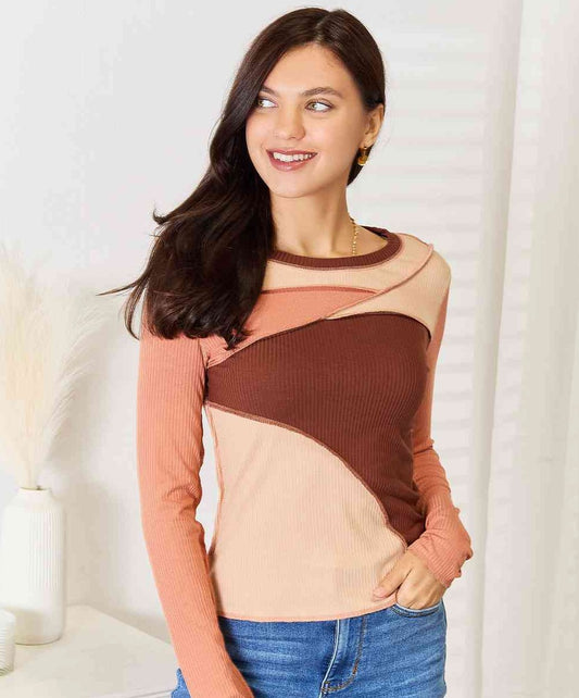 Color Block Exposed Seam Long Sleeve Top