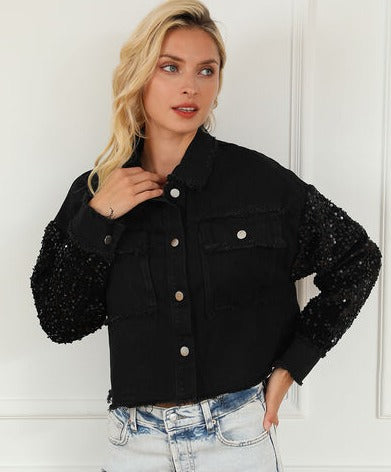 Sequin Raw Hem Denim Jacket