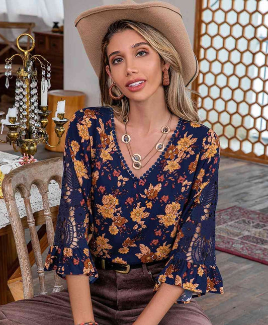 Floral V-Neck Crochet Blouse