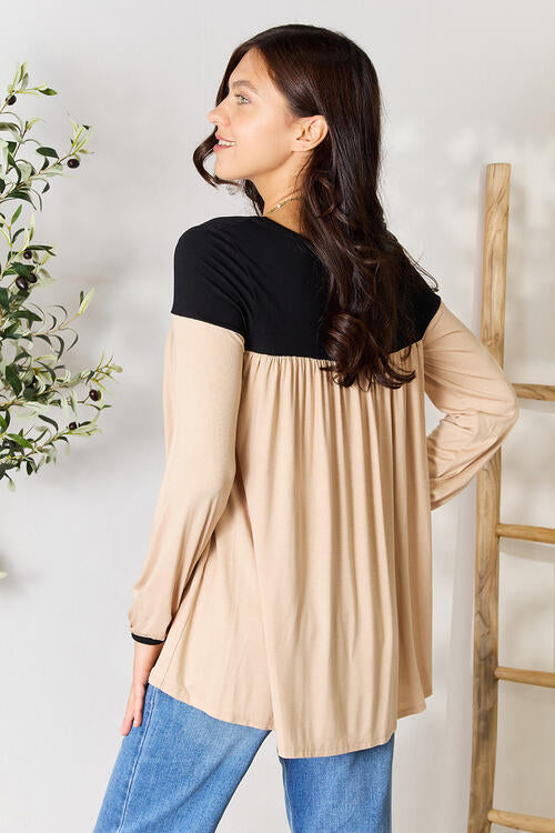 Contrast Long Sleeve Ruched Top