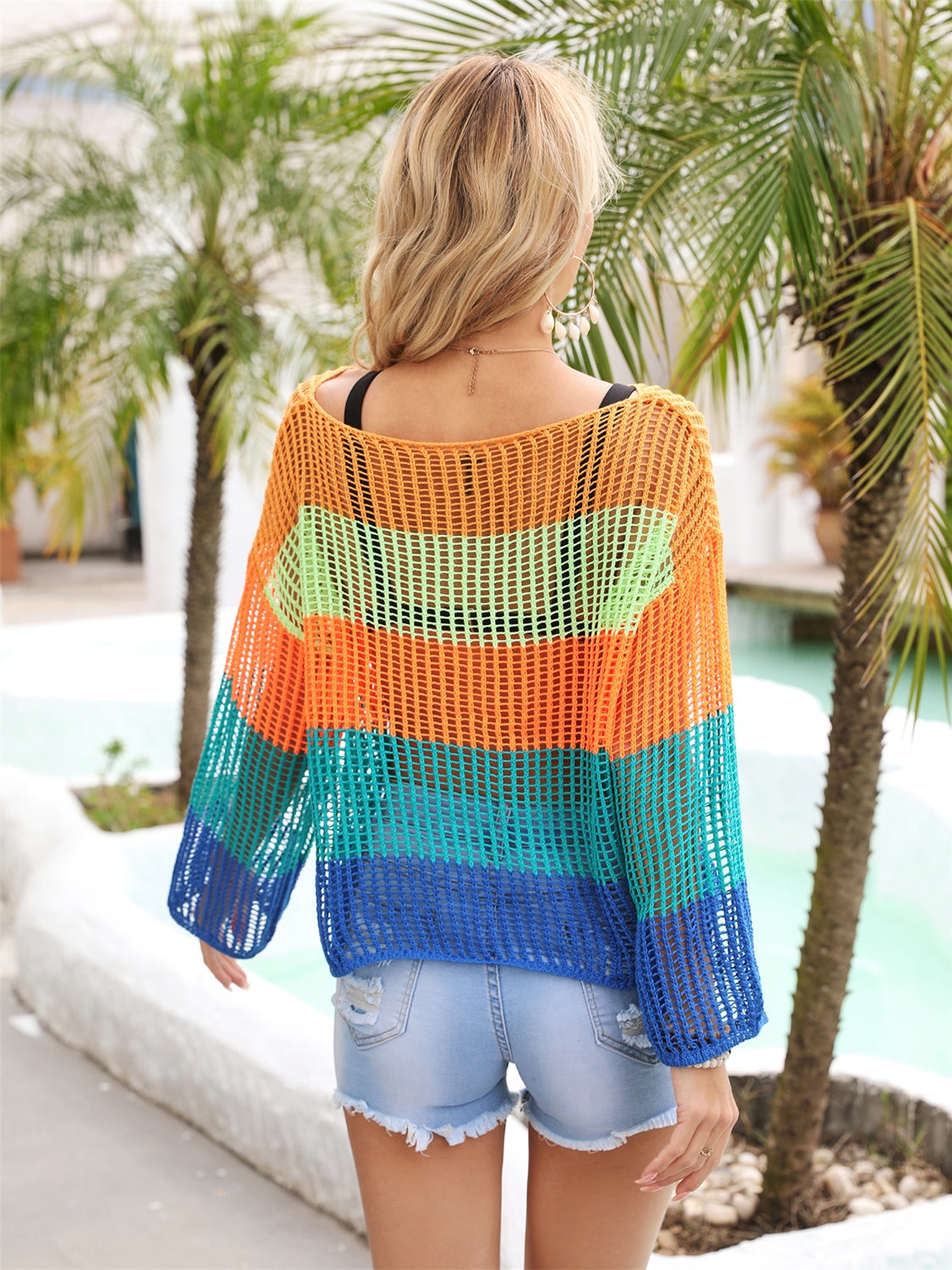 Color Block Openwork Boat Neck Cover-Up