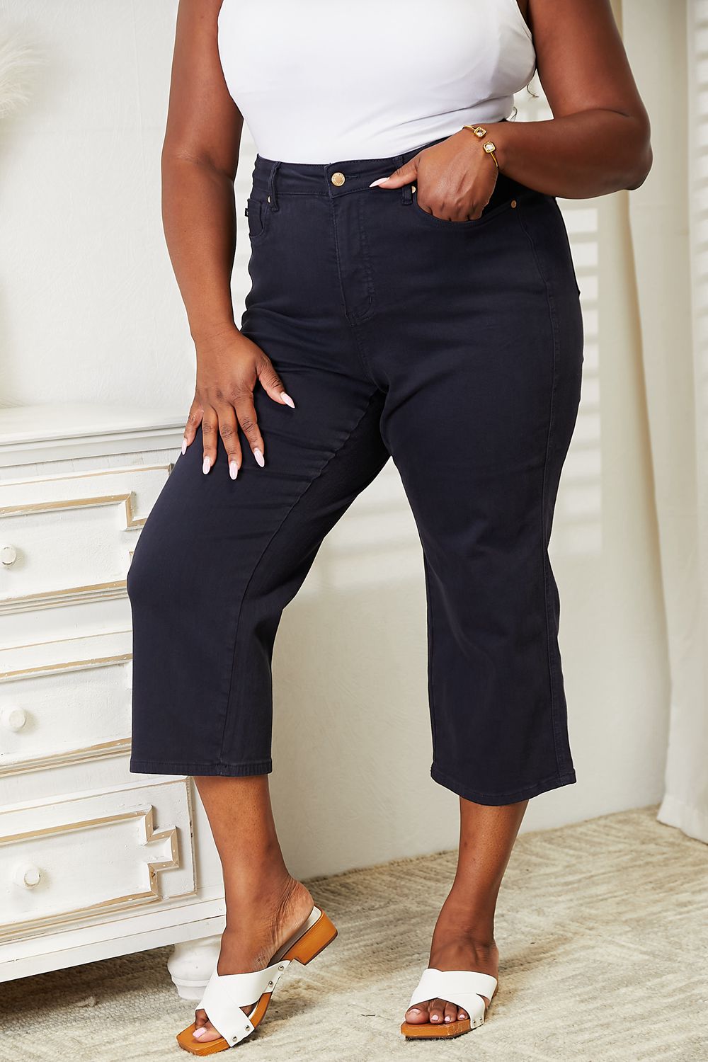 Joyce High-Waist Tummy Control Garment Dyed Wide Cropped Jeans | Judy Blue