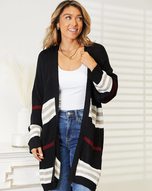 Salem Striped Rib-Knit Open Front Cardigan