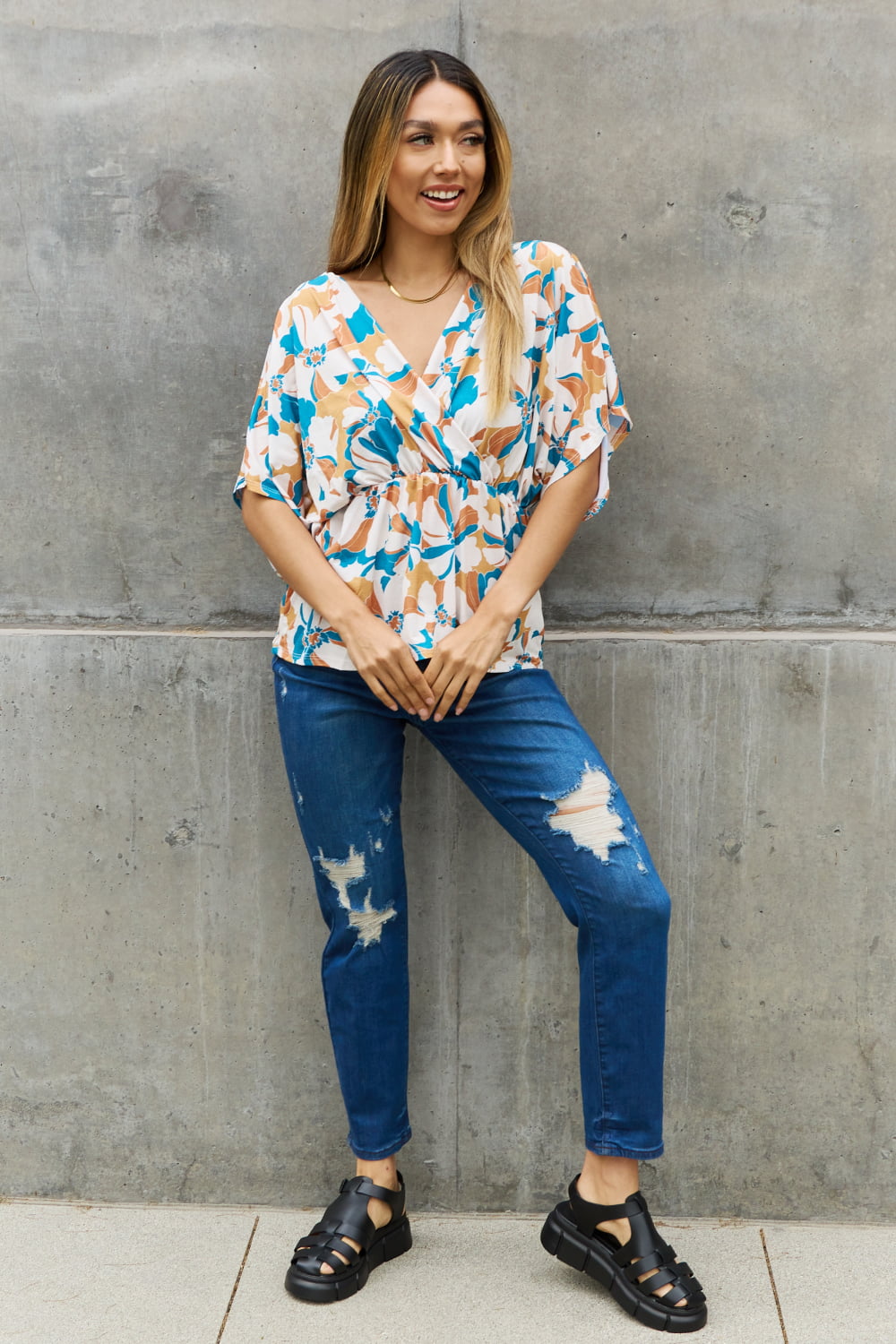 Turquoise Floral Wrap Top