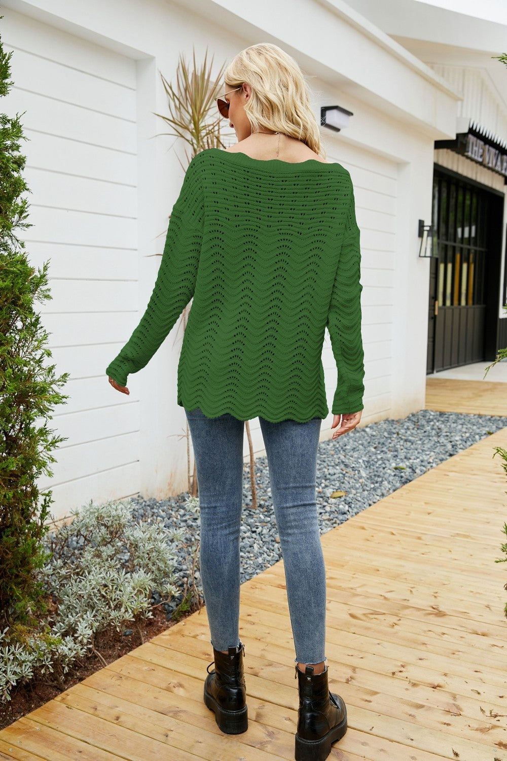 Scalloped Boat Neck Openwork Sweater | Multiple Colors