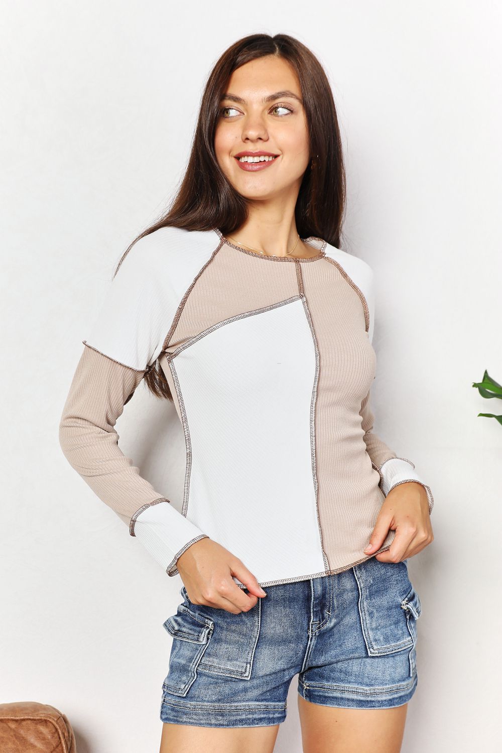 Khaki Color Block Exposed Seam Top