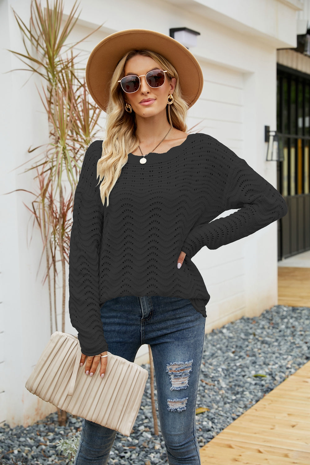 Scalloped Boat Neck Openwork Sweater | Multiple Colors