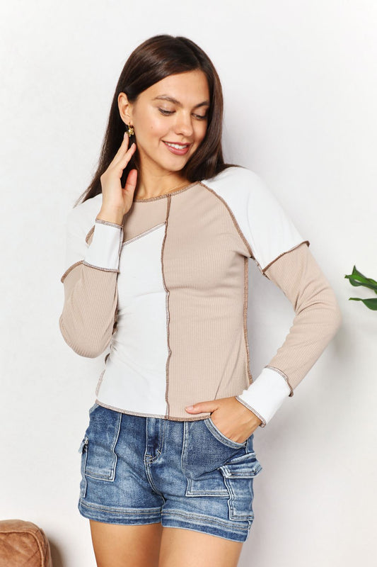 Khaki Color Block Exposed Seam Top