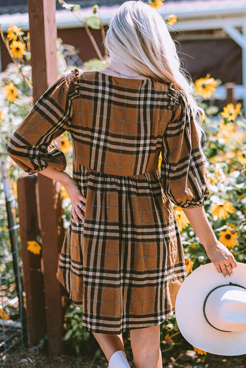 Caramel Plaid Balloon Sleeve Dress