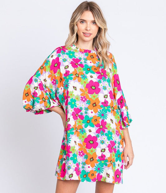 Floral Lantern Sleeve Mini Dress