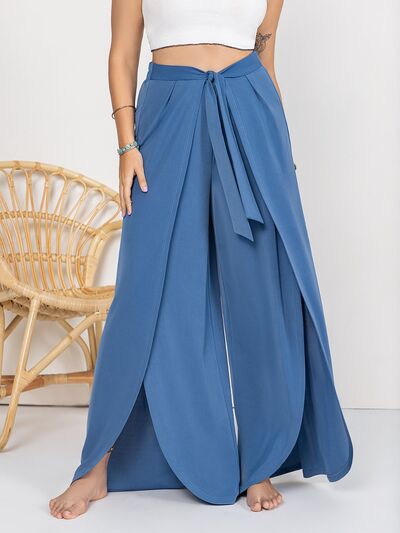 Tied Slit Wide Leg Pants | Curvy