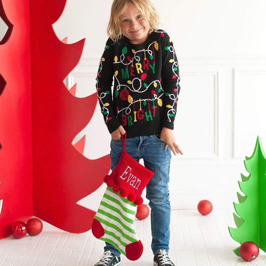 Green Stripe Pom-Pom Knit Stocking - Bella Lia Boutique