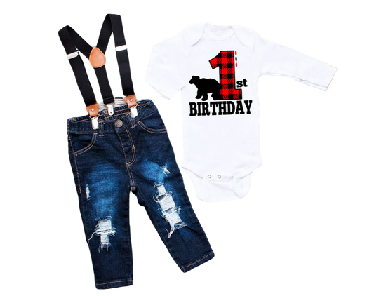 Plaid Bear Birthday Infant One-Piece - Bella Lia Boutique