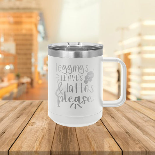 Leggings, Leaves, & Lattes White 15oz Insulated Mug - Bella Lia Boutique